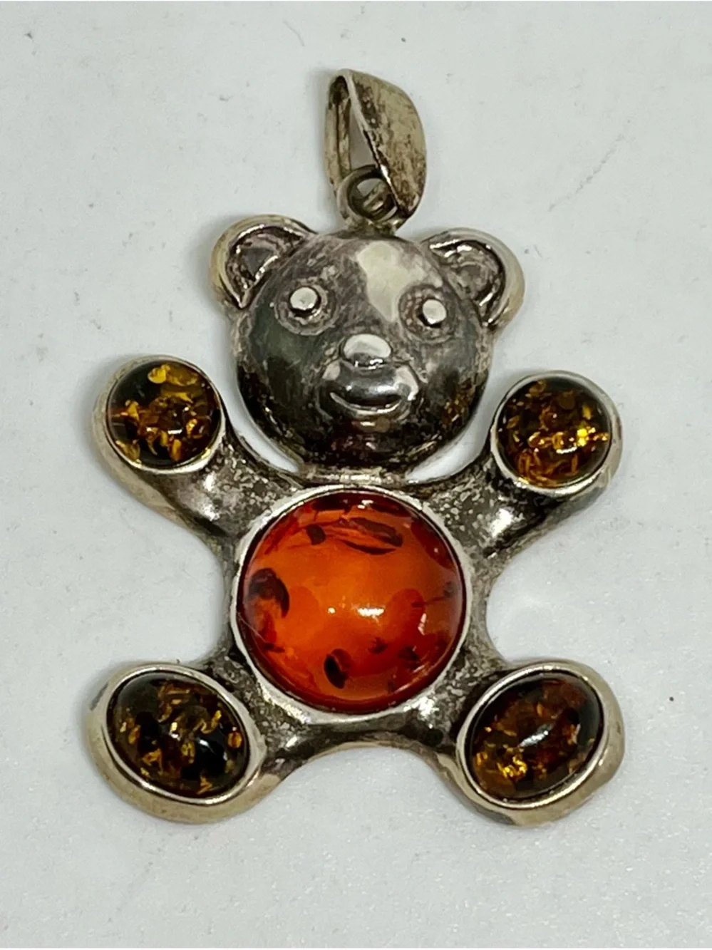 Sterling Teddy  Bear Amber Pendant